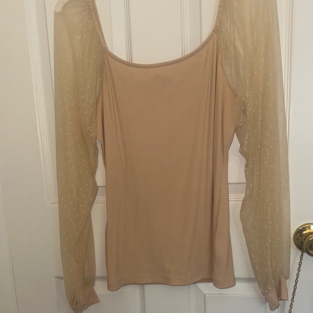 Elegant Beige Women's Top with Sheer Sleeves